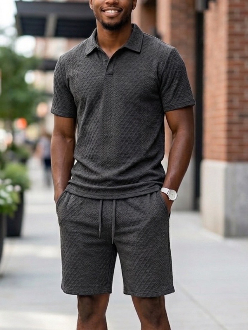 XXL Men's Dark Grey 2pc Textured Polo & Shorts Set | Fits Like XL/2XL